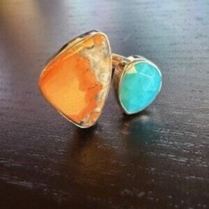 Orange agate  and turqoise adjustable ring set in 925 silver